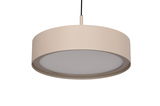 Moderne LED-Hängeleuchte in zylindrischer Form, beige, von unten betrachtet.