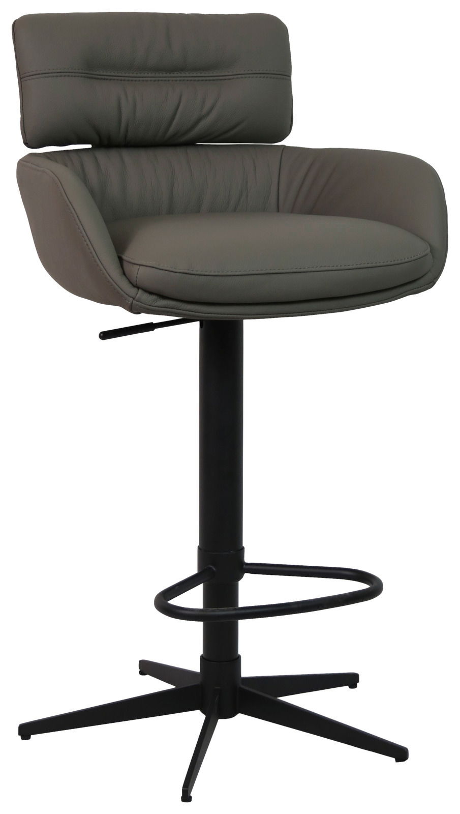 Moderner Barhocker mit gepolstertem Sitz und Rückenlehne in seitlicher Perspektive