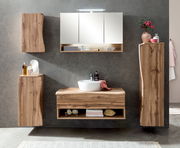 Modernes Waschtisch-Set aus Holz mit Spiegel und Stauraum, frontal betrachtet.