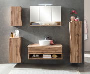 Modernes Waschtisch-Set aus Holz mit Spiegel und Stauraum, frontal betrachtet.