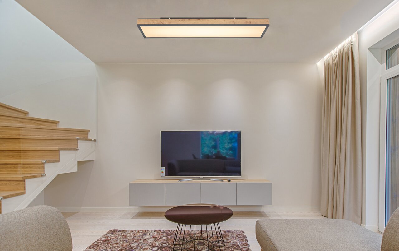 Globo Lighting Deckenleuchte DORO Moderne Deckenleuchte in einem stilvollen Wohnzimmer, von unten betrachtet.