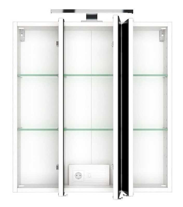 Spiegelschrank mit drei Türen, Glasböden und integrierter Beleuchtung, Frontalansicht