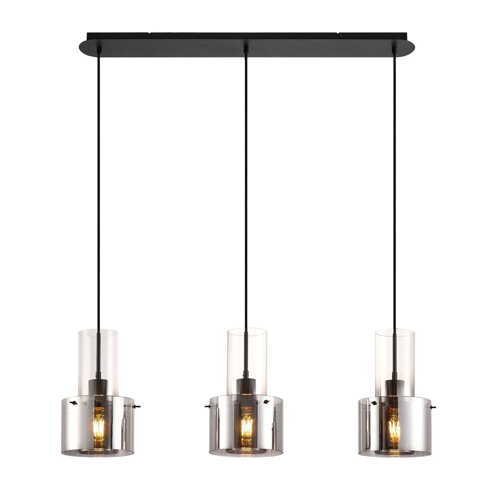 Moderne hanglamp met drie cilindervormige glazen elementen, gezien vanaf de voorkant.