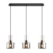 Moderne hanglamp met drie cilindervormige glazen elementen, gezien vanaf de voorkant.
