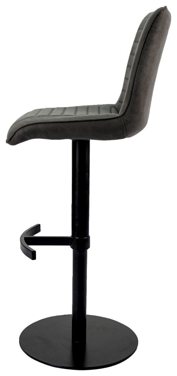 Seitenansicht eines modernen Barstuhls mit gepolstertem Sitz und Rückenlehne in dunklem Stoff, schwarzem Metallgestell und Fußstütze.