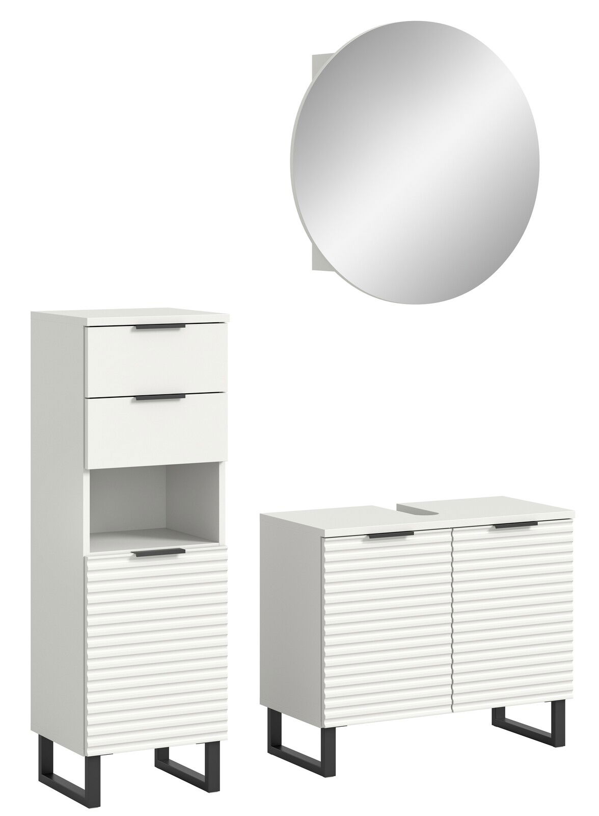 Moderne Badkombination mit rundem Spiegel, hohem Schrank mit Schubladen und offenem Fach, sowie einem breiten Unterschrank mit gerillten Fronten, aus der Frontalperspektive.