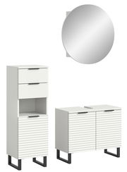 Moderne Badkombination mit rundem Spiegel, hohem Schrank mit Schubladen und offenem Fach, sowie einem breiten Unterschrank mit gerillten Fronten, aus der Frontalperspektive.