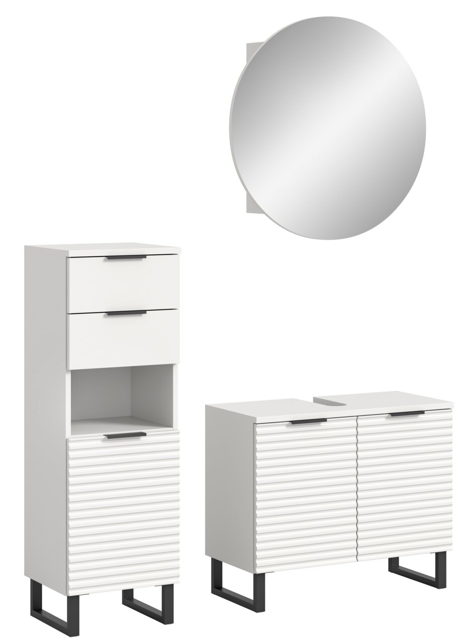 Moderne Badkombination mit rundem Spiegel, hohem Schrank mit Schubladen und offenem Fach, sowie einem breiten Unterschrank mit gerillten Fronten, aus der Frontalperspektive.