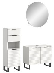 Moderne Badkombination mit rundem Spiegel, hohem Schrank mit Schubladen und offenem Fach, sowie einem breiten Unterschrank mit gerillten Fronten, aus der Frontalperspektive.