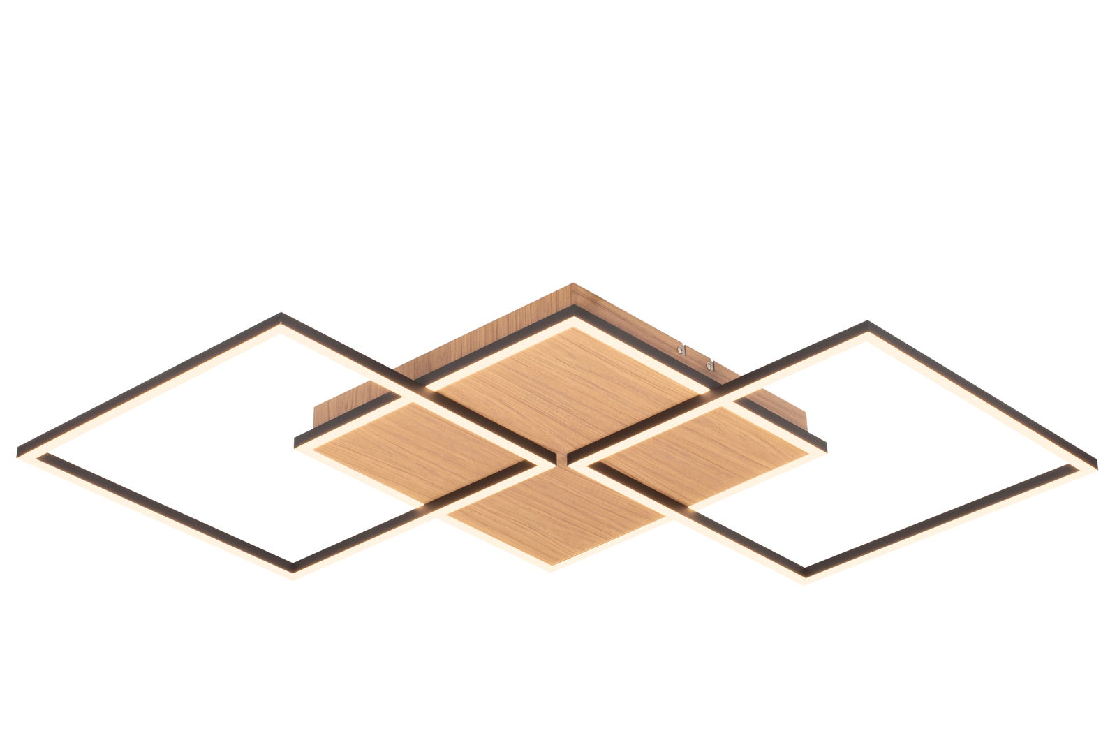 Moderne LED-Deckenleuchte mit quadratischem Holzdesign, von unten betrachtet.