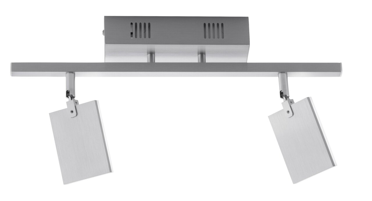 Moderne Deckenleuchte aus Aluminium mit zwei verstellbaren rechteckigen Leuchtkörpern, Ansicht von unten.
