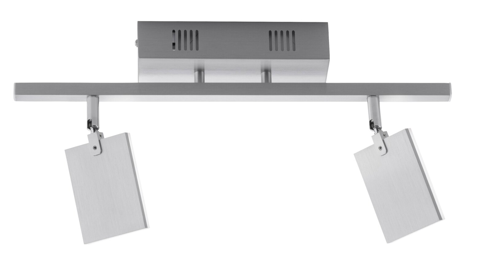 Moderne Deckenleuchte aus Aluminium mit zwei verstellbaren rechteckigen Leuchtkörpern, Ansicht von unten.