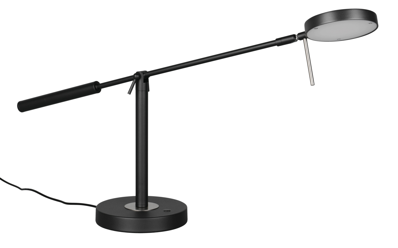 Schwarze LED-Schreibtischleuchte mit rundem Sockel und verstellbarem Arm, seitliche Perspektive