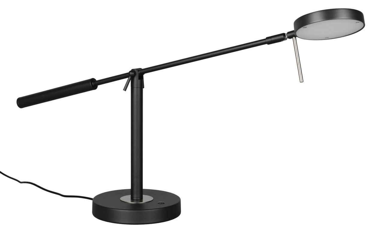 Schwarze LED-Schreibtischleuchte mit rundem Sockel und verstellbarem Arm, seitliche Perspektive