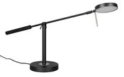 Schwarze LED-Schreibtischleuchte mit rundem Sockel und verstellbarem Arm, seitliche Perspektive
