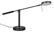 Schwarze LED-Schreibtischleuchte mit rundem Sockel und verstellbarem Arm, seitliche Perspektive