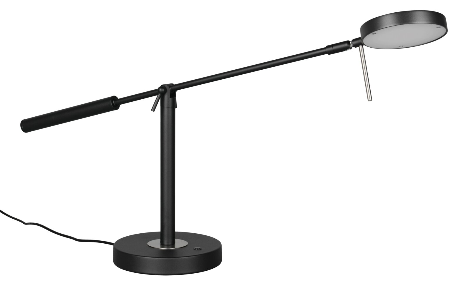 Schwarze LED-Schreibtischleuchte mit rundem Sockel und verstellbarem Arm, seitliche Perspektive