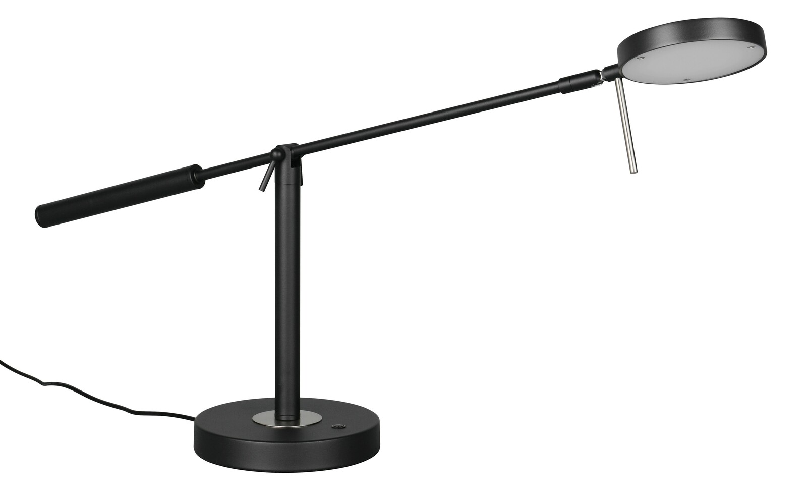 Schwarze LED-Schreibtischleuchte mit rundem Sockel und verstellbarem Arm, seitliche Perspektive