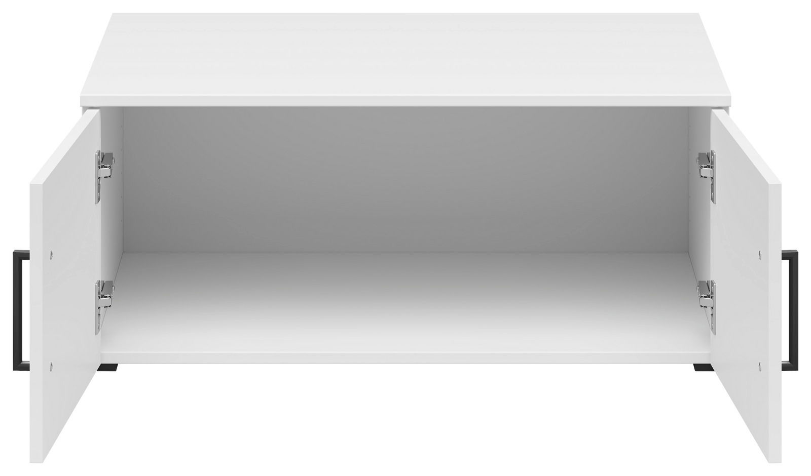 Weißer Aufsatzschrank mit zwei geöffneten Türen, frontale Ansicht