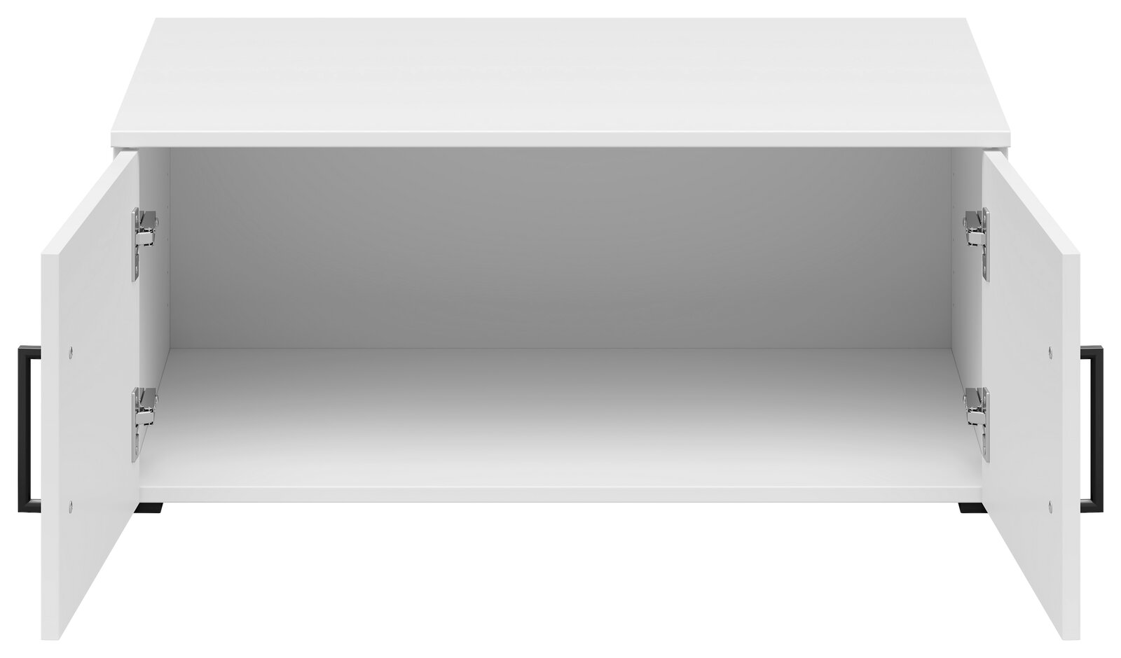 Weißer Aufsatzschrank mit zwei geöffneten Türen, frontale Ansicht