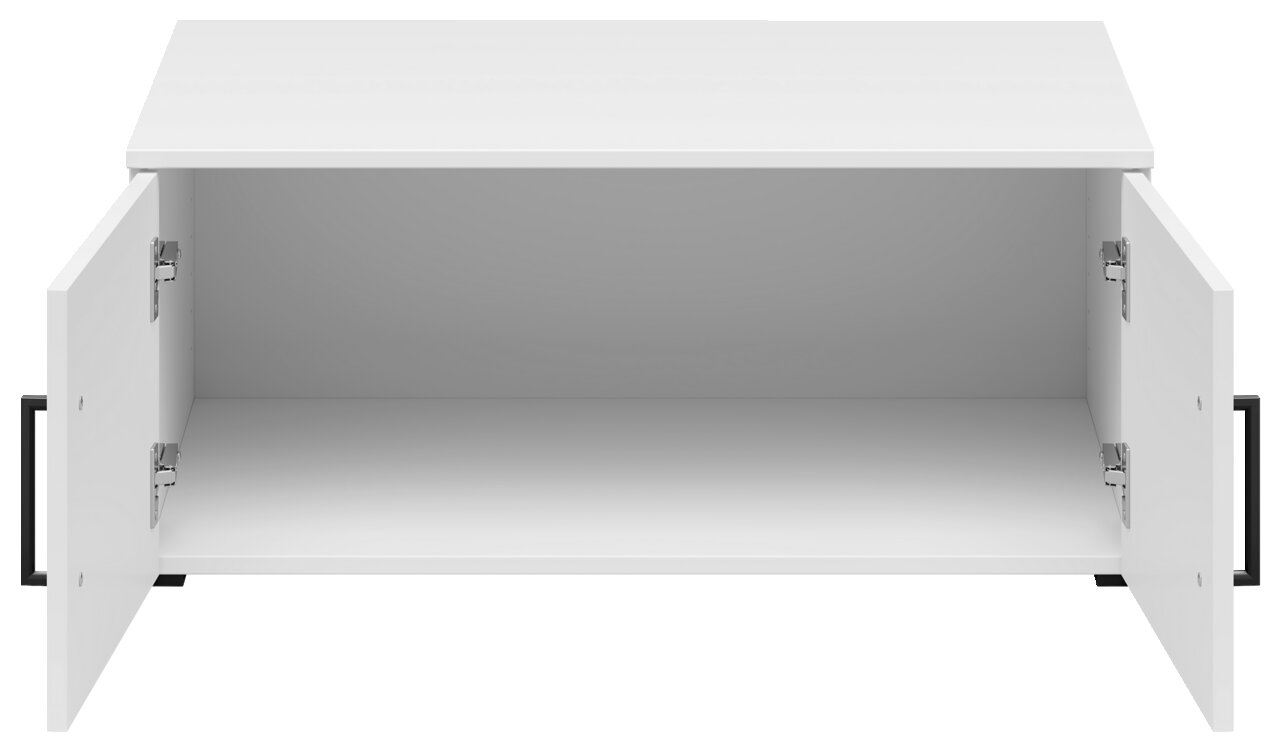 Weißer Aufsatzschrank mit zwei geöffneten Türen, frontale Ansicht