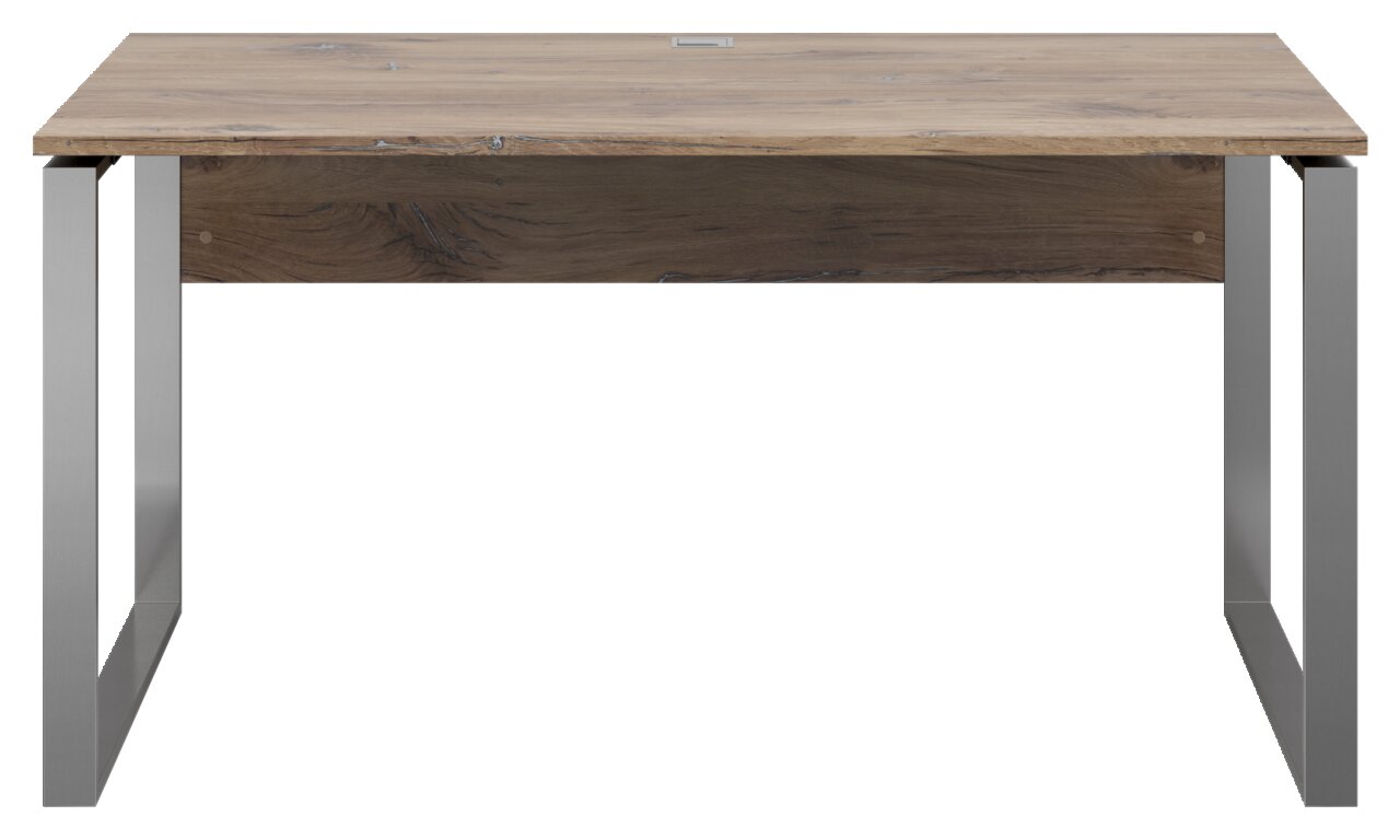 Moderner Schreibtisch mit Holzoberfläche und Metallbeinen, Frontalansicht