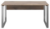 Moderner Schreibtisch mit Holzoberfläche und Metallbeinen, Frontalansicht