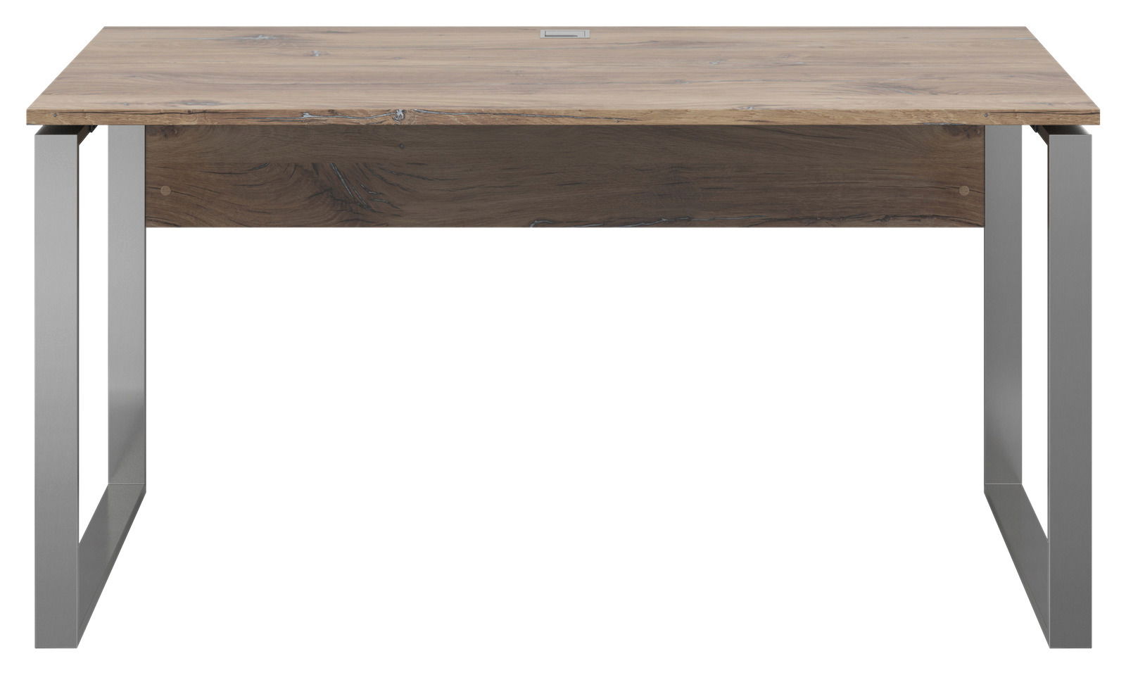 Moderner Schreibtisch mit Holzoberfläche und Metallbeinen, Frontalansicht