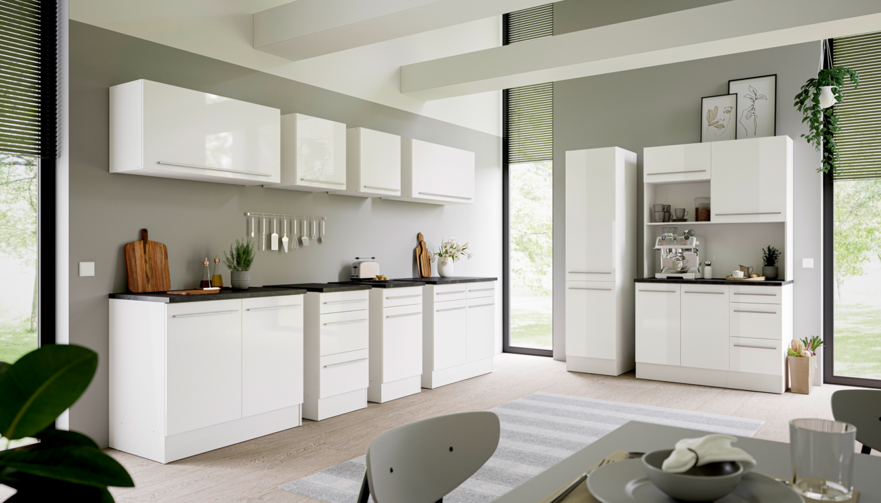 Yourkitchen Vorratsschrank JAZZ Moderne weiße Küche mit Hängeschränken und Unterschränken, seitliche Perspektive