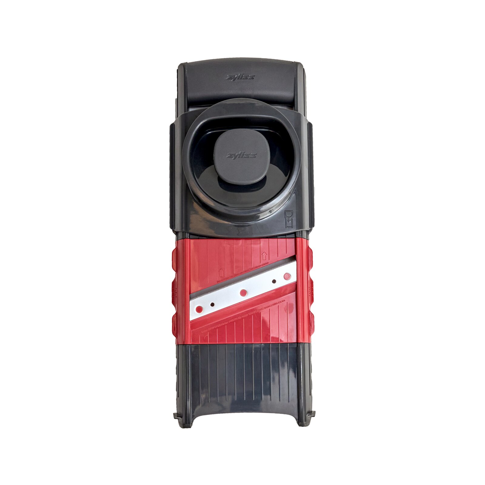 Zyliss Küchenmandoline/Gemüsehobel in Rot und Schwarz mit Edelstahlklinge, Produktansicht von oben (Draufsicht) vor weißem Hintergrund
