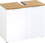 Moderner Unterschrank mit weißer Front und Holzoberfläche, frontal betrachtet.