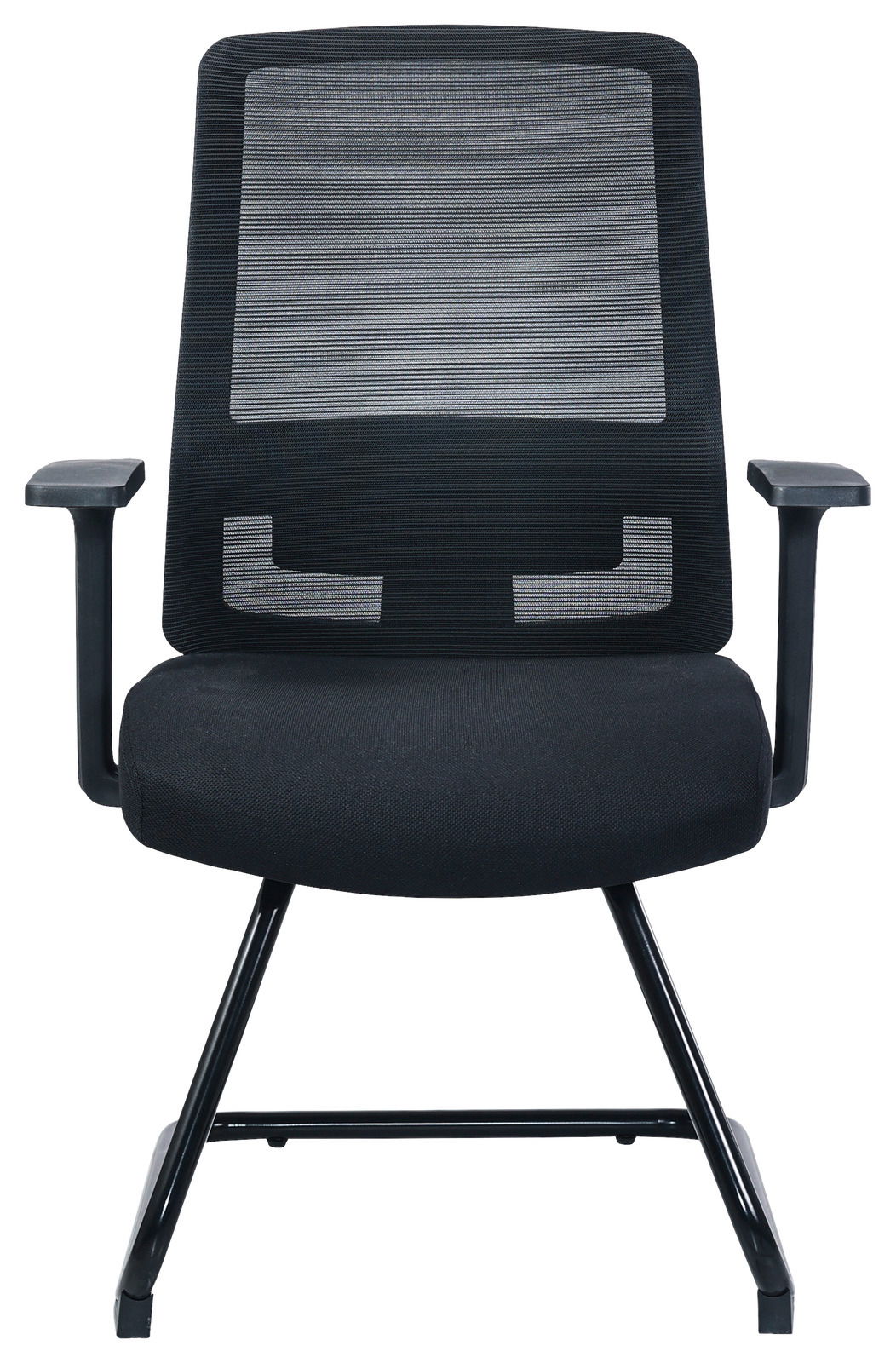 Moderner schwarzer Besucherstuhl mit Netzrückenlehne und Armlehnen, Frontalansicht