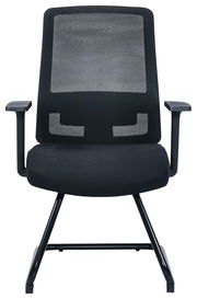 Moderner schwarzer Besucherstuhl mit Netzrückenlehne und Armlehnen, Frontalansicht