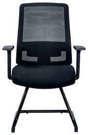 Moderner schwarzer Besucherstuhl mit Netzrückenlehne und Armlehnen, Frontalansicht