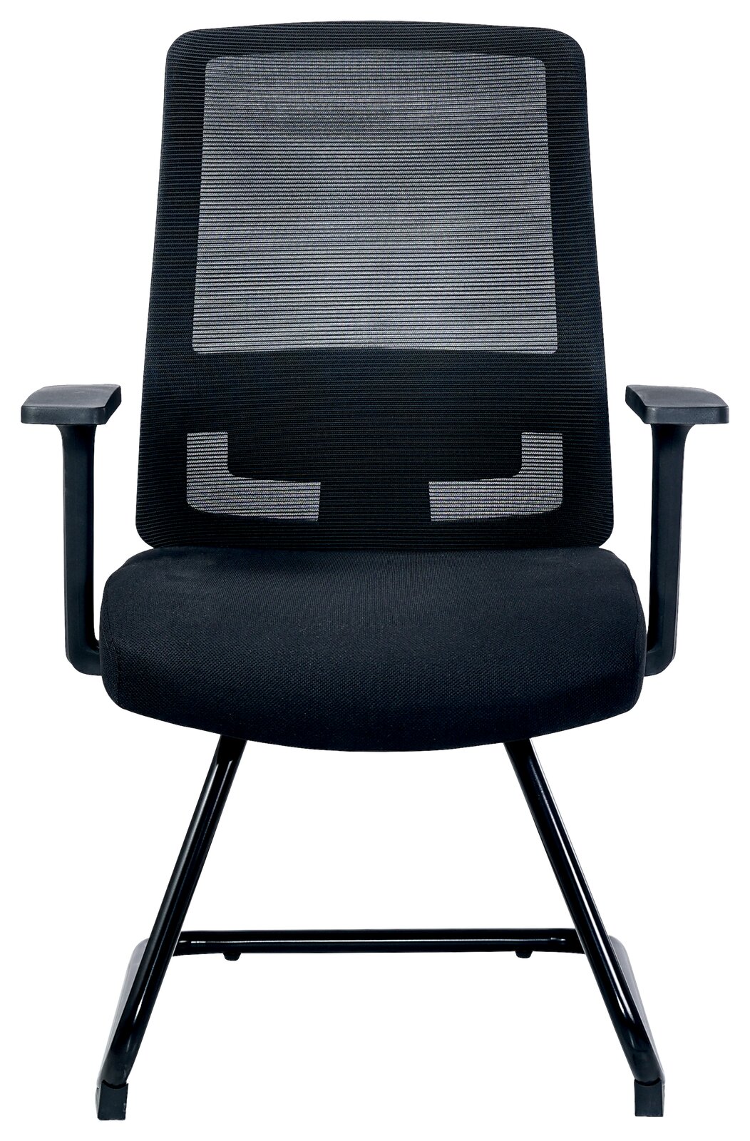 Moderner schwarzer Besucherstuhl mit Netzrückenlehne und Armlehnen, Frontalansicht