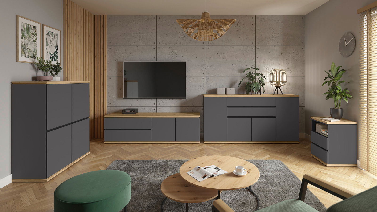 XORA Nachtkommode YAMAEL Moderne Wohnzimmermöbel in dunklem Grau mit Holzoberflächen, bestehend aus TV-Lowboard, Sideboard und Kommode, aus der Perspektive von vorne betrachtet.