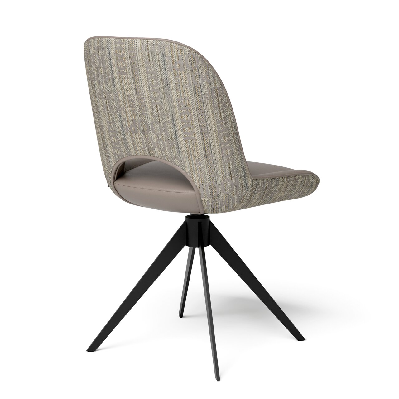 Moderner Stuhl mit gepolsterter Rückenlehne und Sitzfläche, schwarzes Metallgestell, Rückansicht