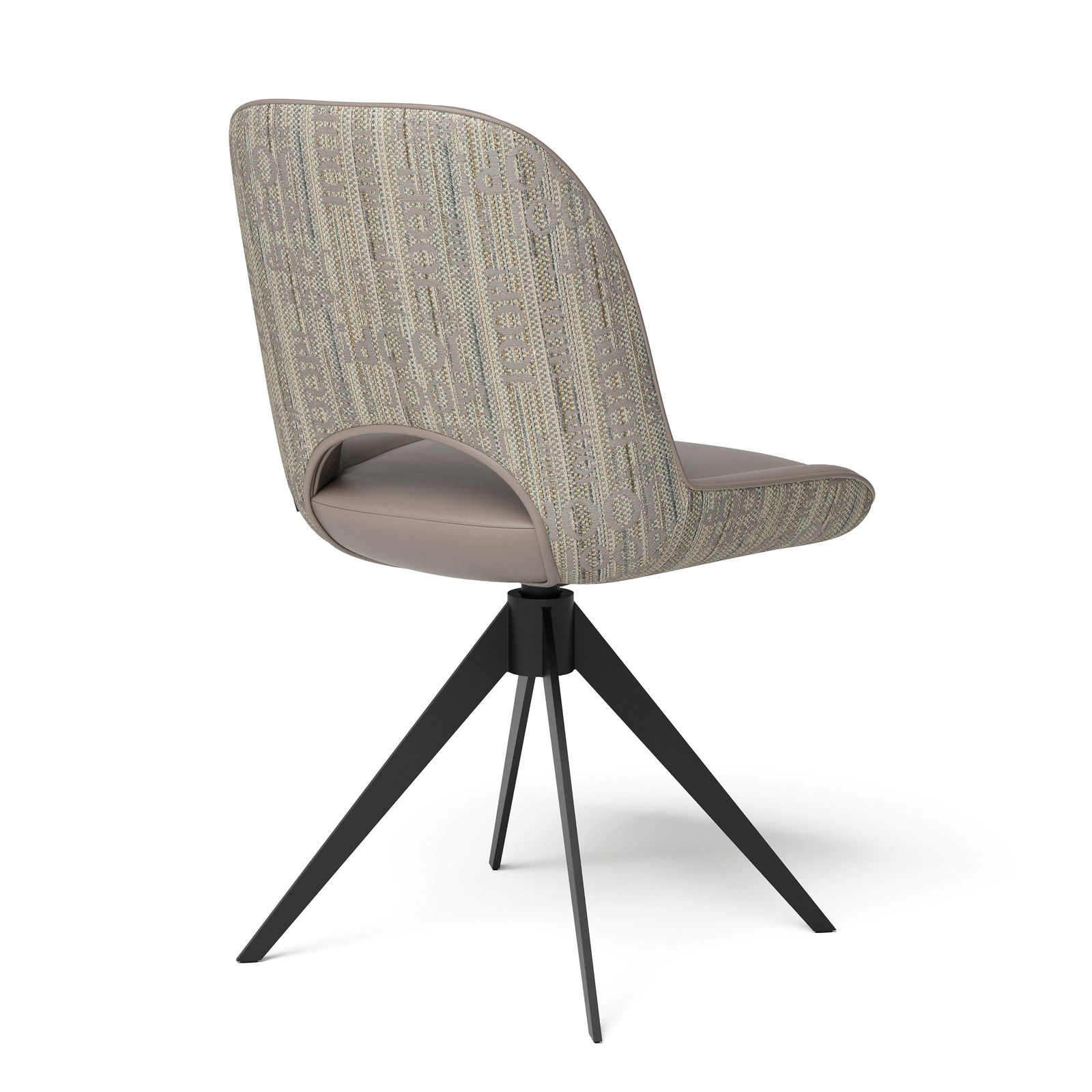 Moderner Stuhl mit gepolsterter Rückenlehne und Sitzfläche, schwarzes Metallgestell, Rückansicht