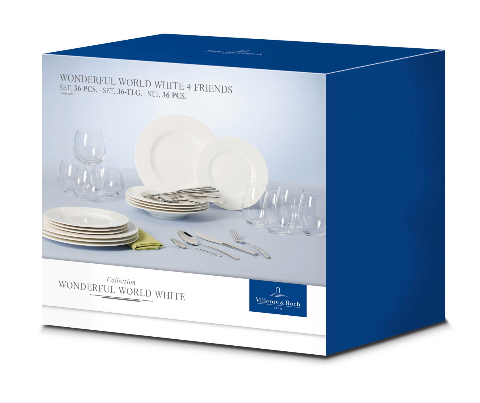 Starter-Set Wonderful World White 4 Friends, 36-teilig, mit Geschirr und Gläsern, seitliche Perspektive