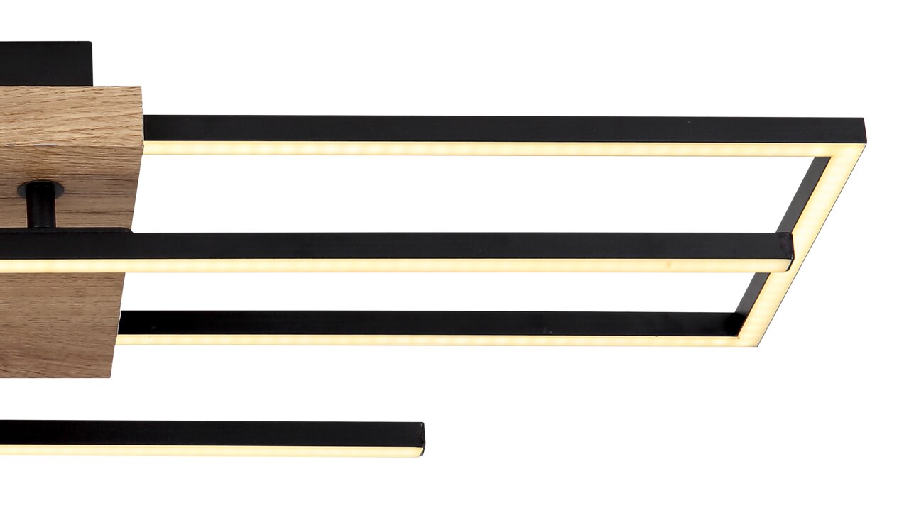 Moderne Deckenleuchte mit rechteckigem, schwarzem Rahmen und Holzdetails, seitliche Perspektive