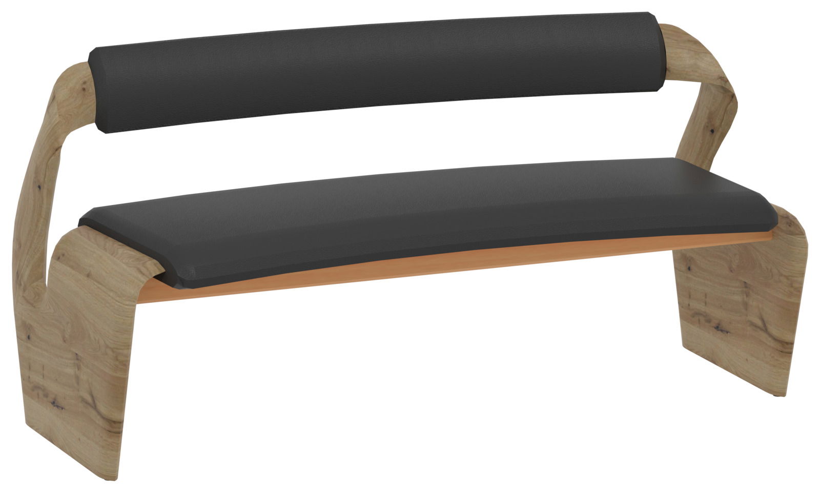 Moderne Bank mit geschwungenem Holzrahmen und schwarzer Polsterung, seitliche Perspektive