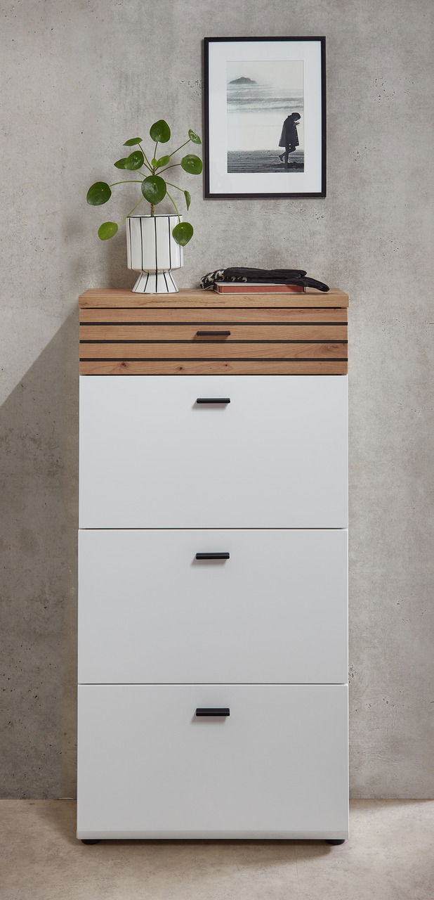 Schmaler Schuhschrank mit weißem Korpus und Holzoberfläche, dekoriert mit einer Pflanze und einem Bild an der Wand, frontal betrachtet.