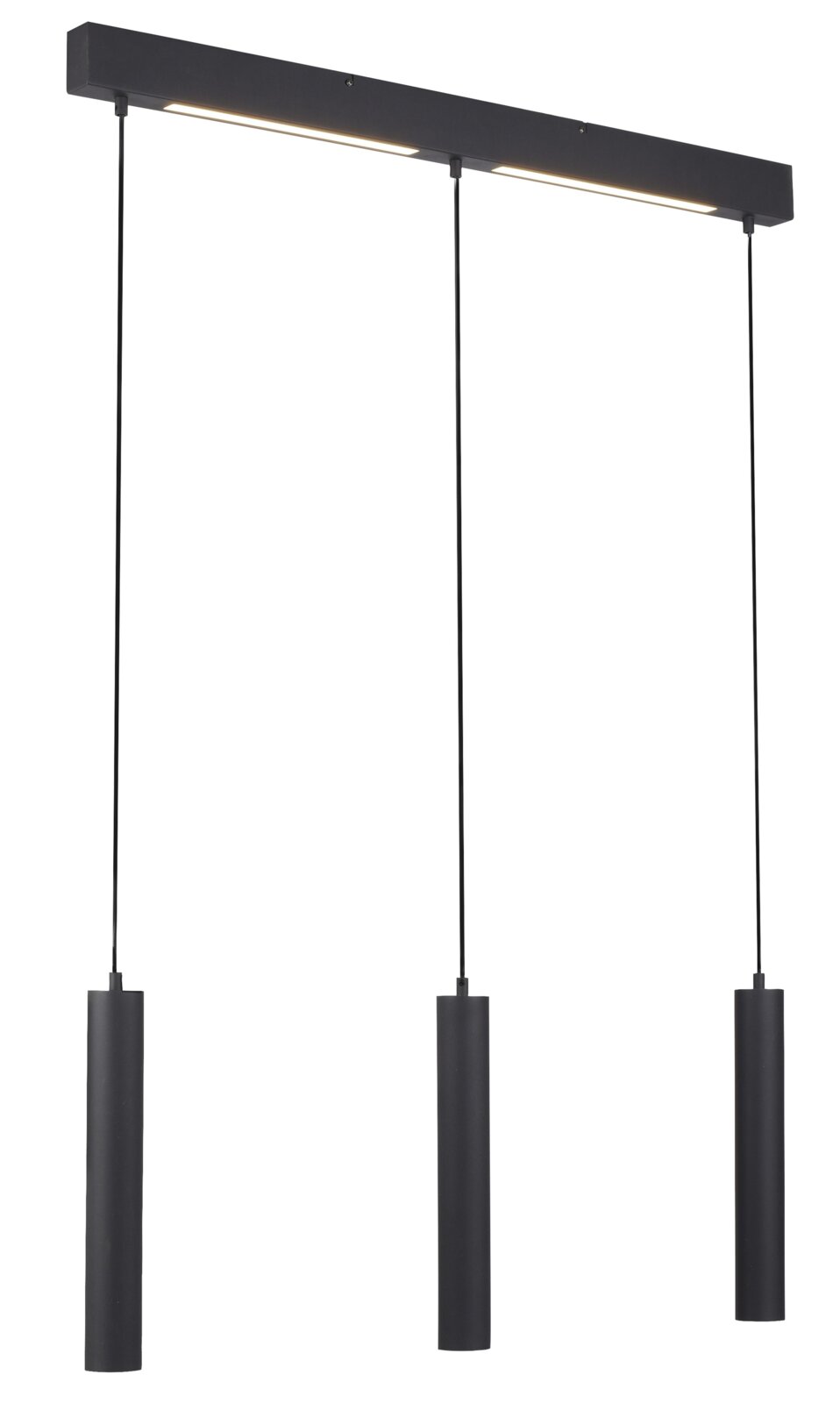 Schöner Wohnen LED-hanglamp DANTE Moderne schwarze LED-Pendelleuchte mit drei zylindrischen Hängelampen an rechteckigem Baldachin, Produktansicht frontal von leicht unten