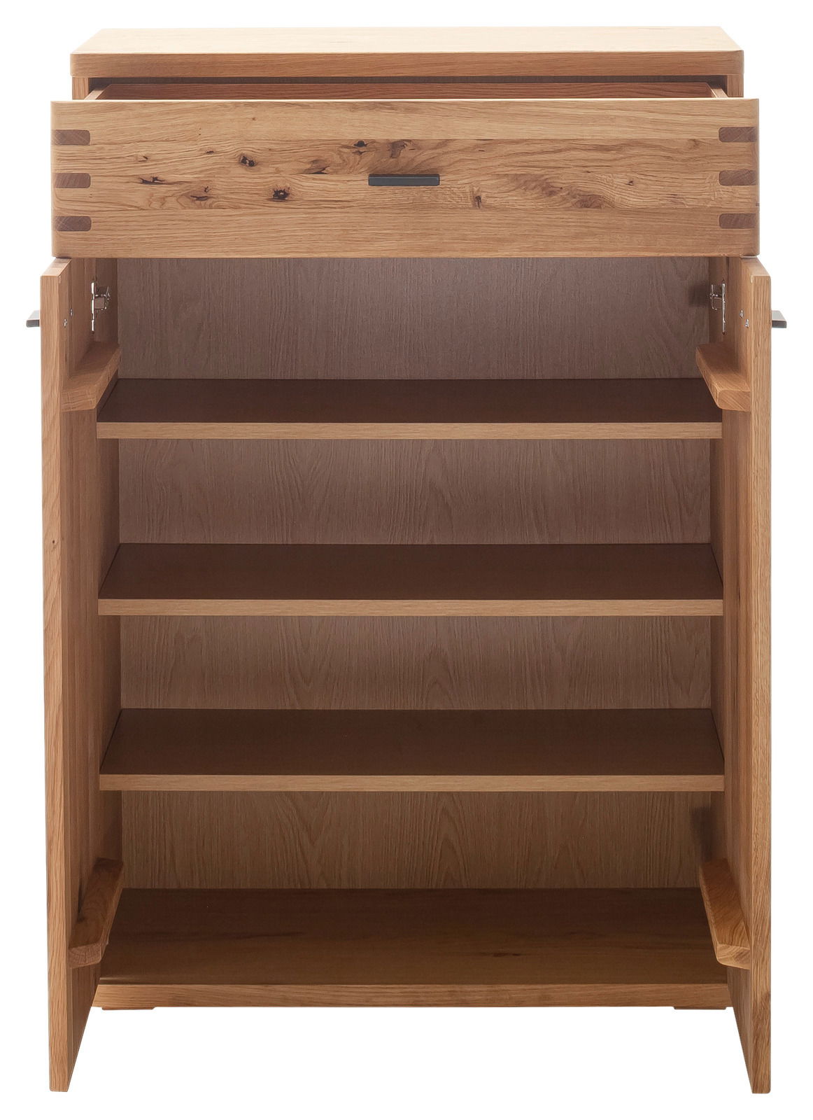 Frontale Ansicht einer offenen Schuhkommode aus Holz mit mehreren Regalböden und einer Schublade.