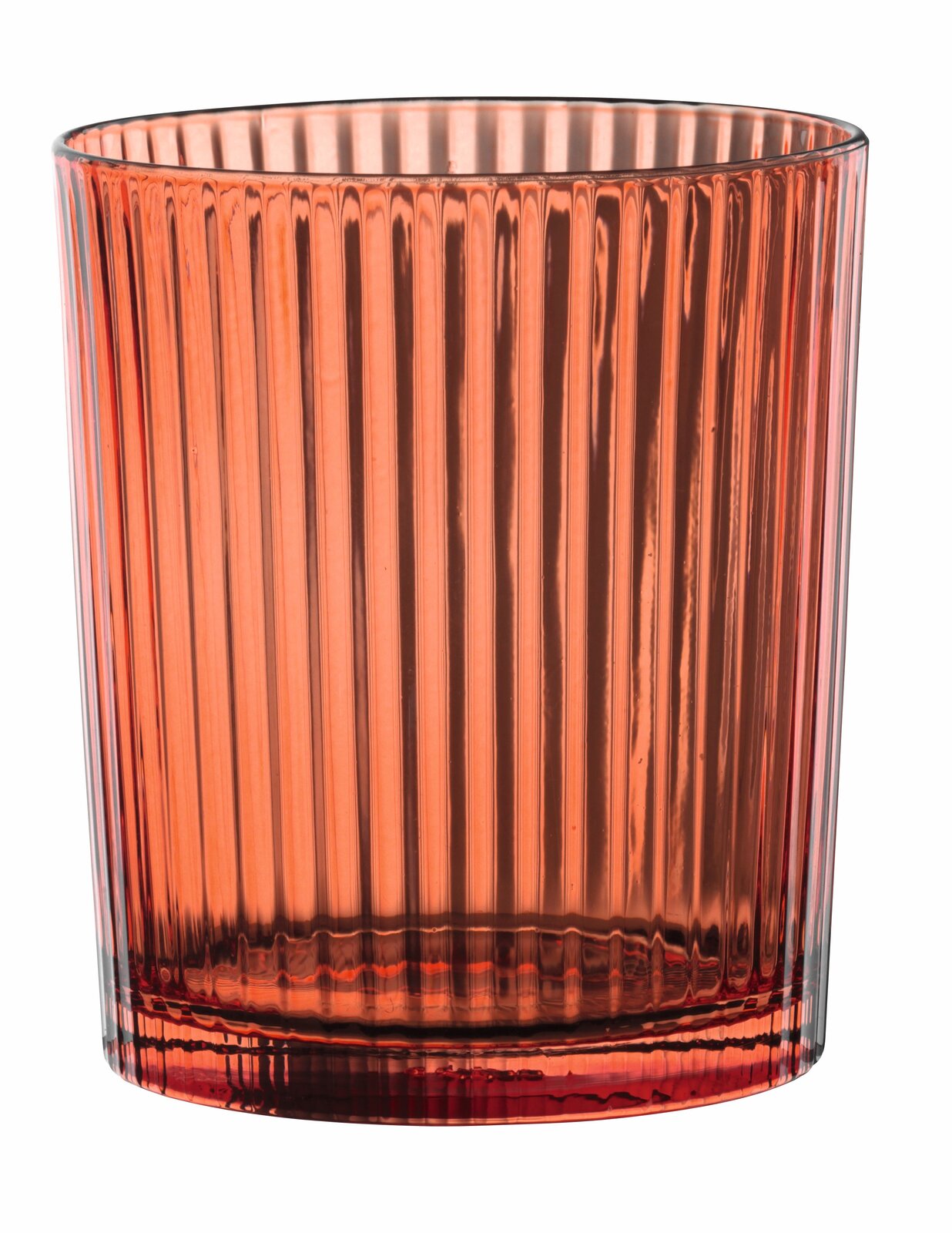 Roter gerippter Becher aus Glas, seitliche Perspektive