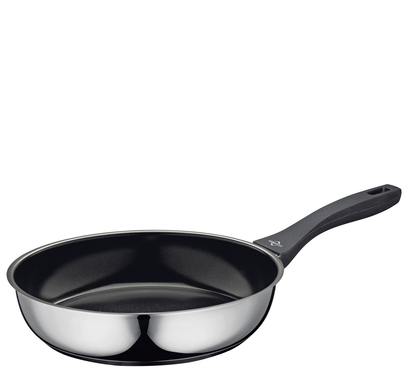 Bratpfanne aus Edelstahl mit schwarzem Griff, seitliche Perspektive