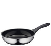 Bratpfanne aus Edelstahl mit schwarzem Griff, seitliche Perspektive