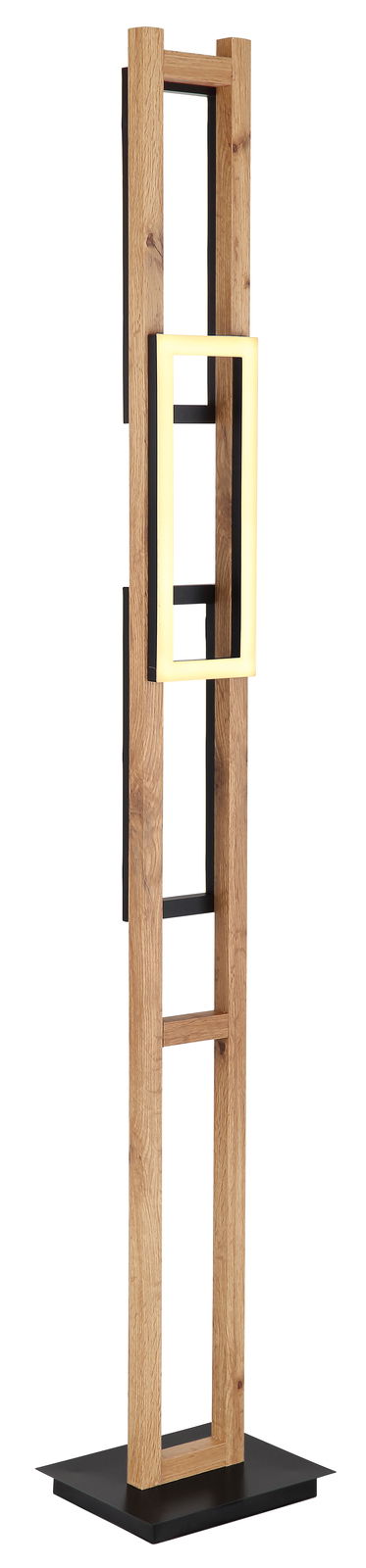 Moderne Stehleuchte aus Holz und Metall mit rechteckigem Leuchtelement, seitliche Perspektive