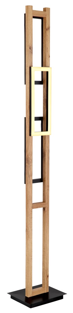 Moderne Stehleuchte aus Holz und Metall mit rechteckigem Leuchtelement, seitliche Perspektive