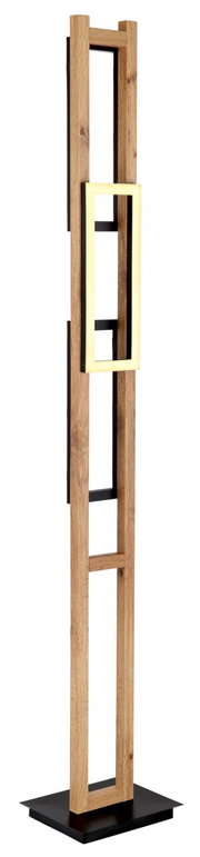 Moderne Stehleuchte aus Holz und Metall mit rechteckigem Leuchtelement, seitliche Perspektive